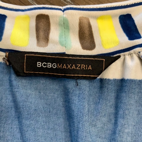 BCBGMAXAZRIA blue, green, brown & yellow geometric striped short sleeve top - Picture 15 of 17